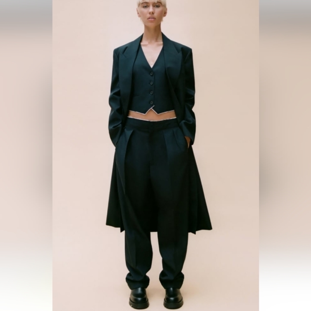 Zara ZW Collection Relaxed Minimalist Wool Blend Pants frayed Waist Cuffed Hem